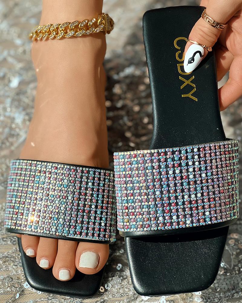 

Rhinestone Wide Strap Beach Slippers, Black