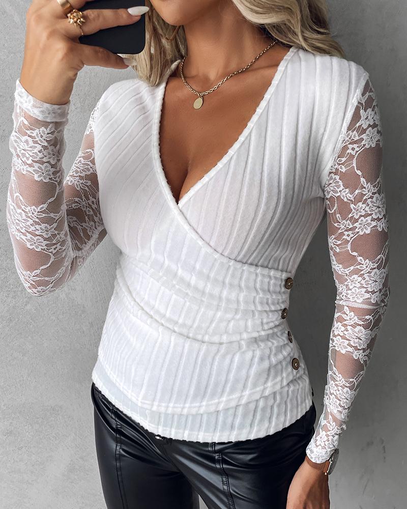 

Lace Patch Deep V-Neck Ruched Top, White