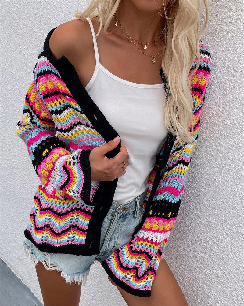 

Rainbow Stripe Pattern Hollow Out Knit Cardigan, Black