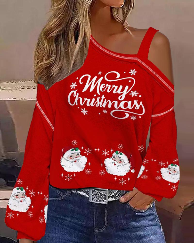 

Merry Christmas Santa Claus Snowflake Print Cold Shoulder Top, Red