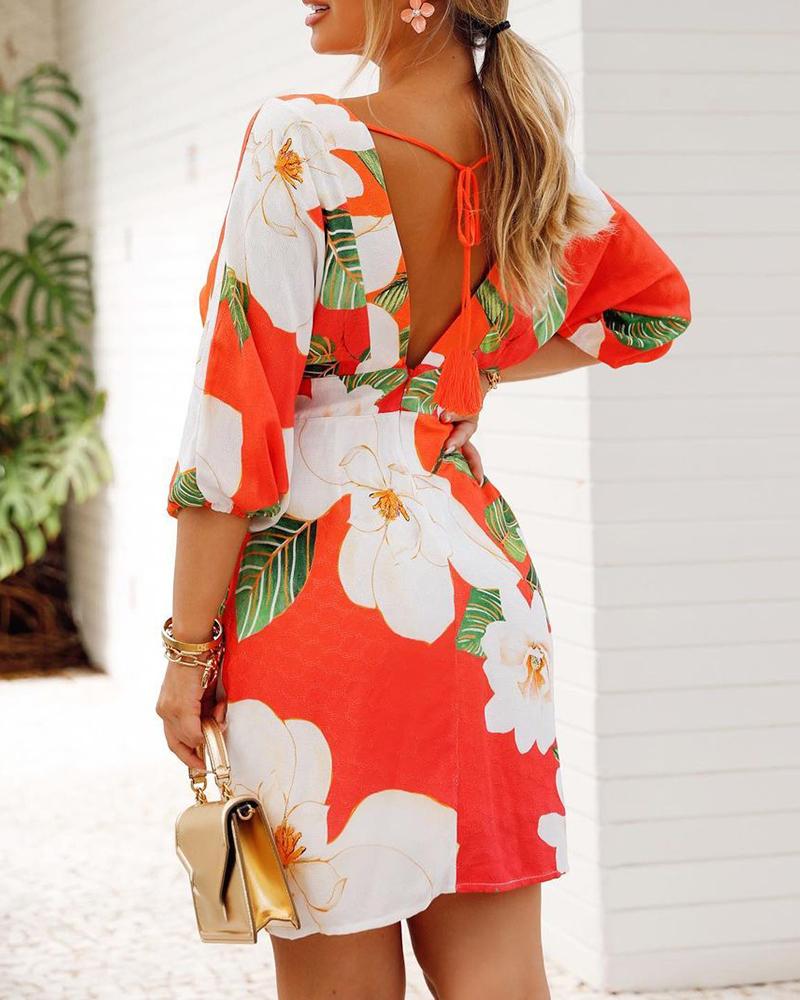 

Floral Print V-Neck Tassel Design Dress, Multicolor
