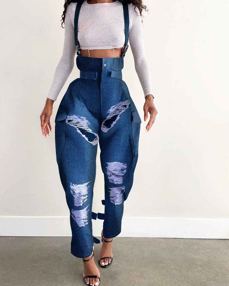 

Denim Print High Waist Suspender Cargo Pants, Blue