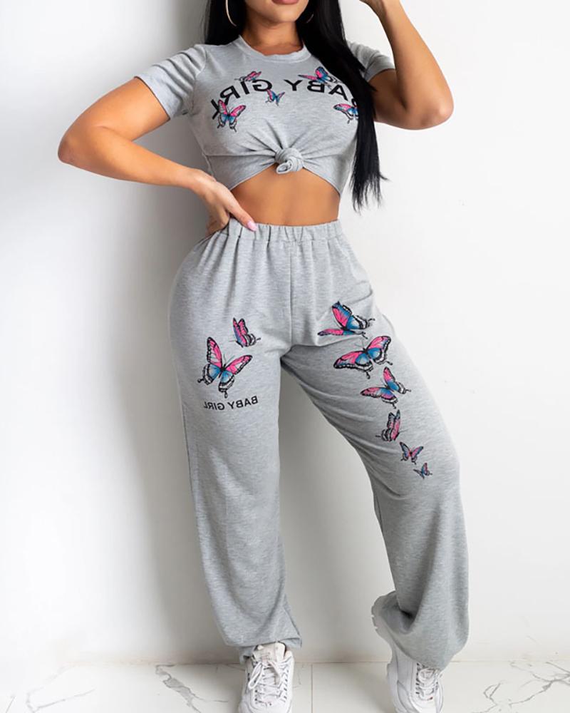

Letter & Multicolor Butterflies Print Short Sleeve T-shirt With Pants Suit Sets, Gray