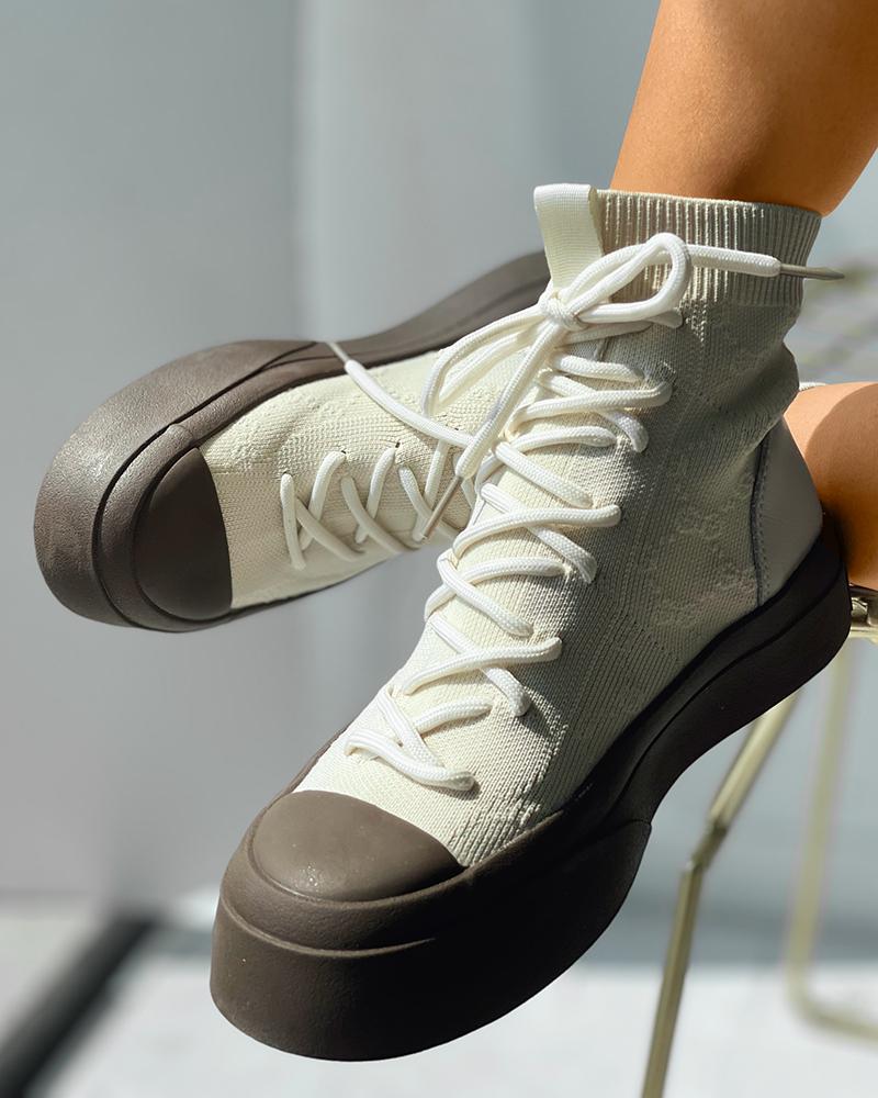 

Lace-up Knit Breathable Colorblock Sneaker, Beige