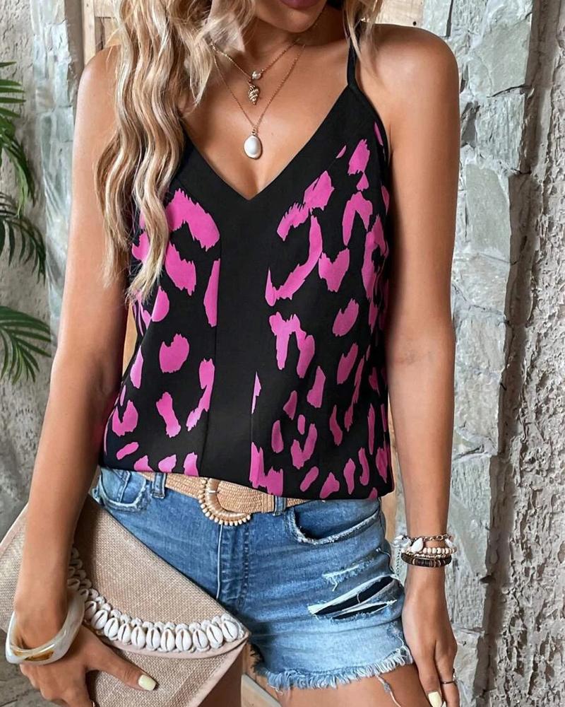 

Leopard Print Patchwork V-Neck Cami Top, Hot pink