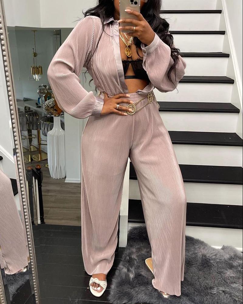 

Long Sleeve Buttoned Top & Wide Leg Pants Set, Pink