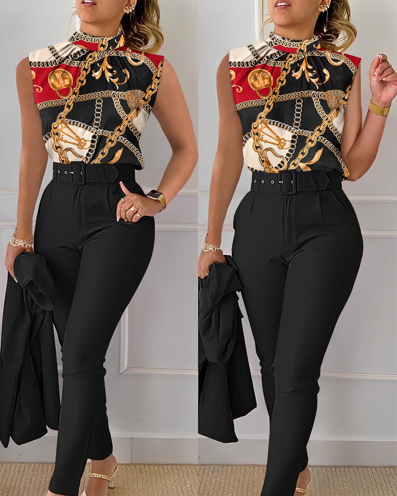 

Baroque Chain Print Ruched Top & High Waist Pants Set, Black