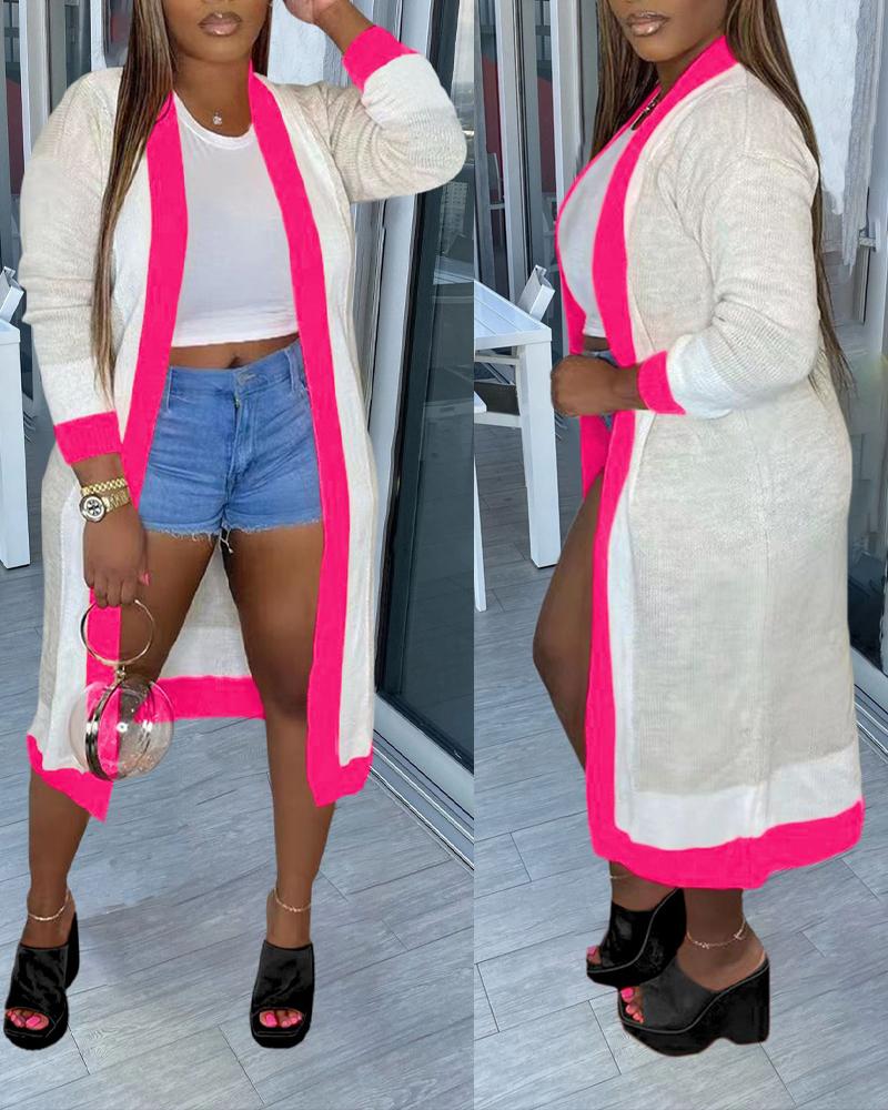 

Plus Size Contrast Paneled Open Front Longline Cardigan, Hot pink