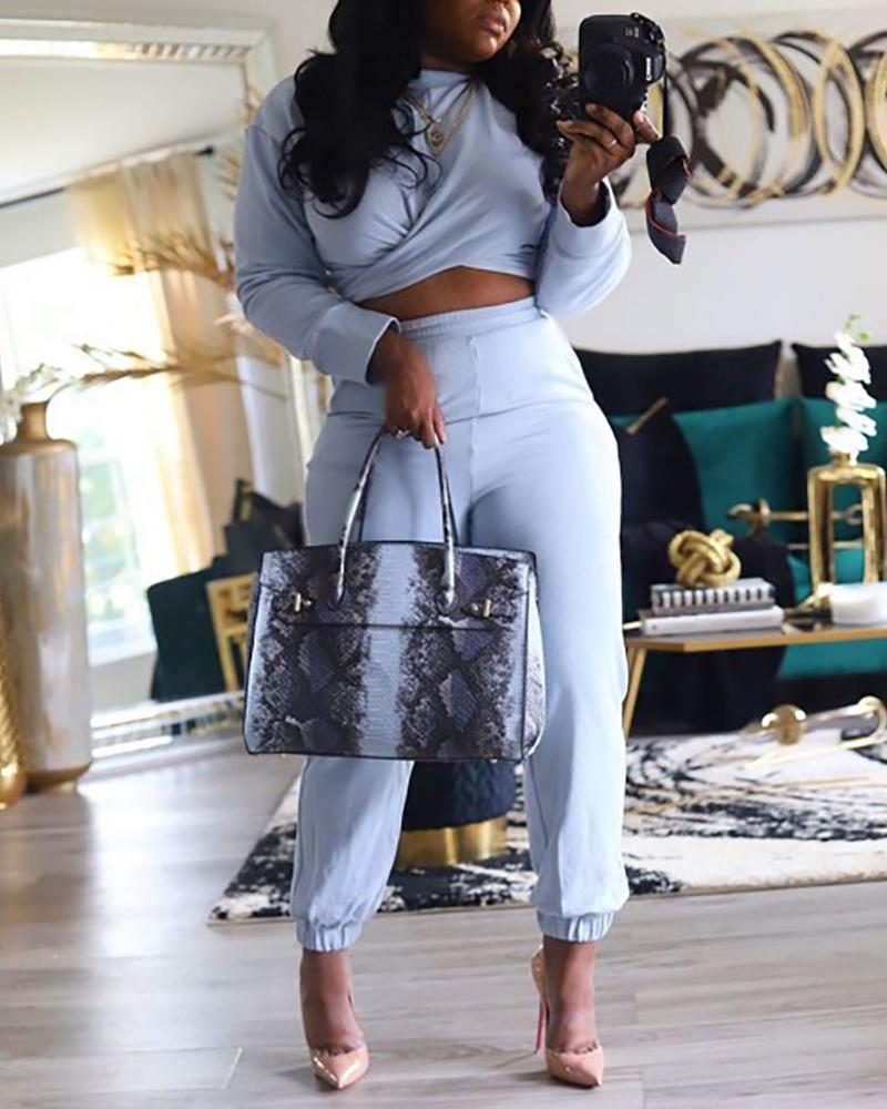 

Plus Size Wrap Crop Top & High Waist Pants Set, Gray