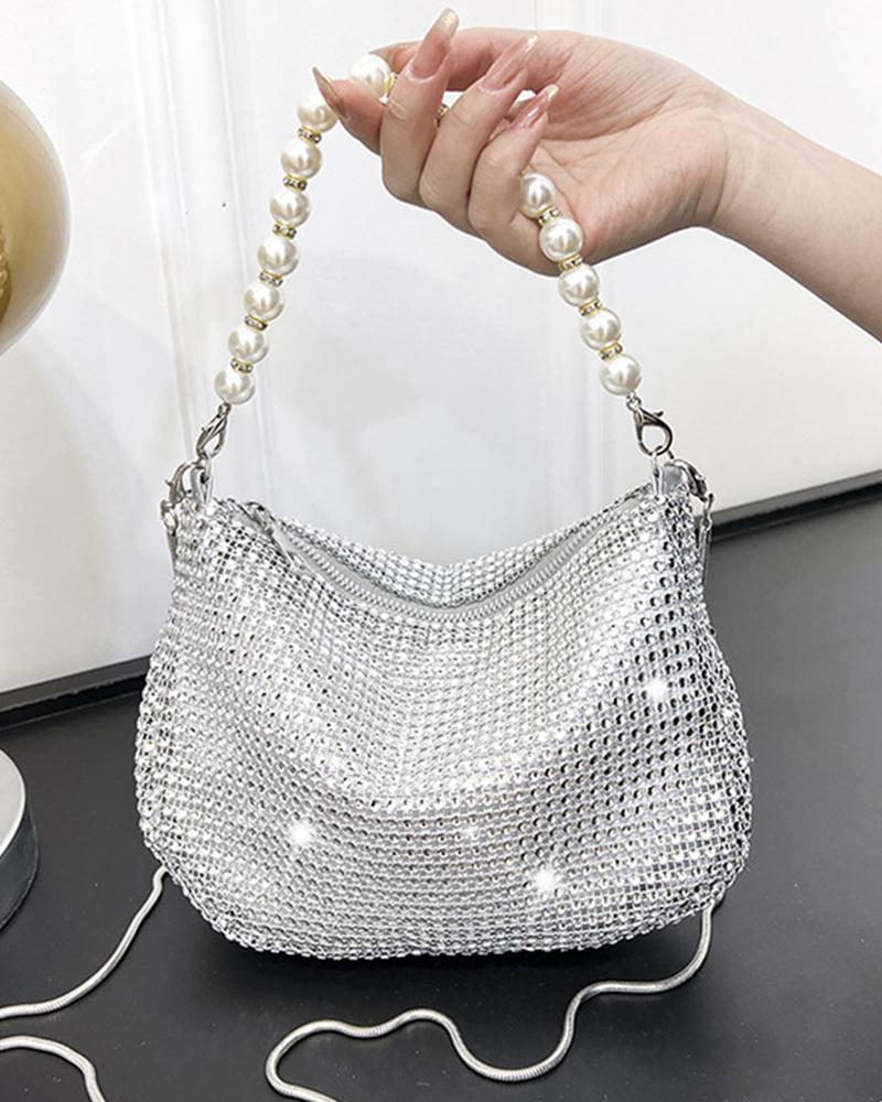 

Allover Rhinestone Zipper Design Crossbody Evening Bag, Silver