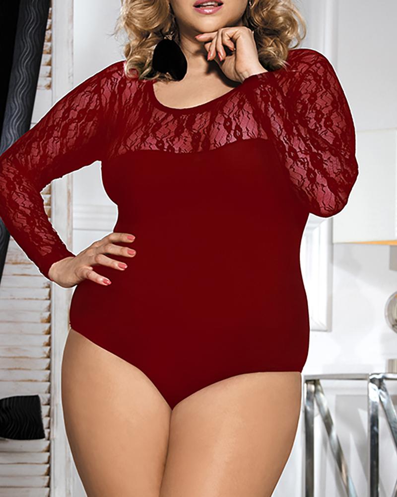 

Plus Size Crochet Lace Long Sleeve Teddy, Wine red
