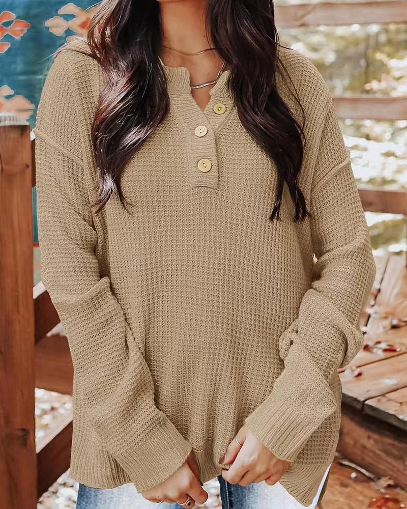 

Long Sleeve Button Detail Split Hem Knit Sweater, Khaki