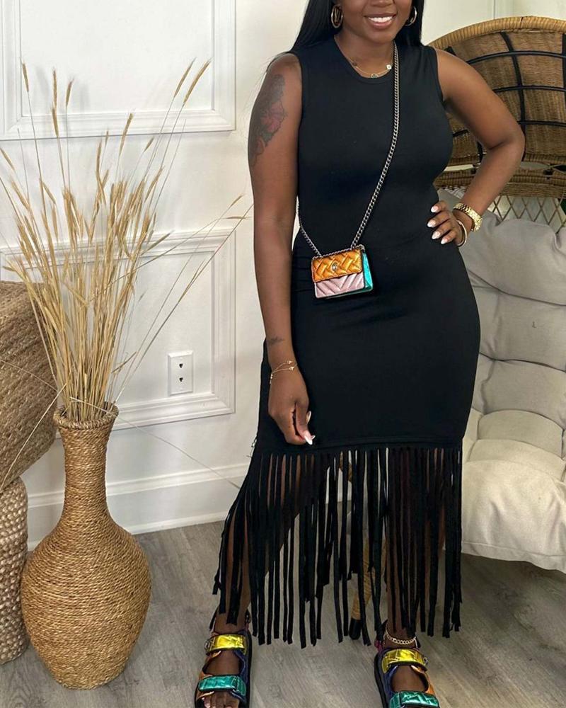 

Crew Neck Sleeveless Tassel Design Casual Dress, Black