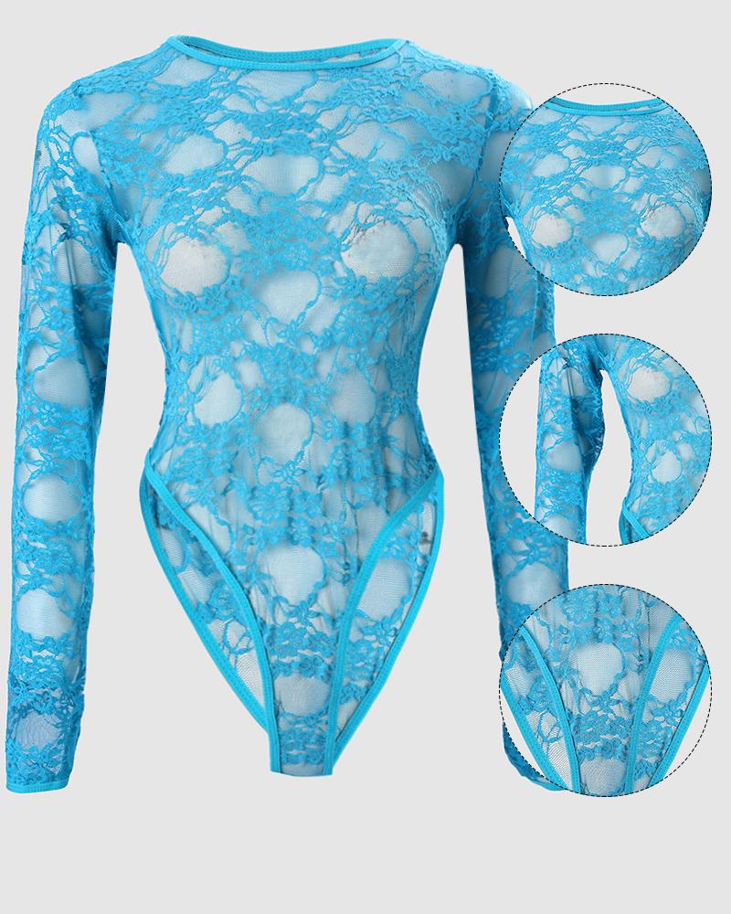 

Long Sleeve See Through Lace Teddy, Blue