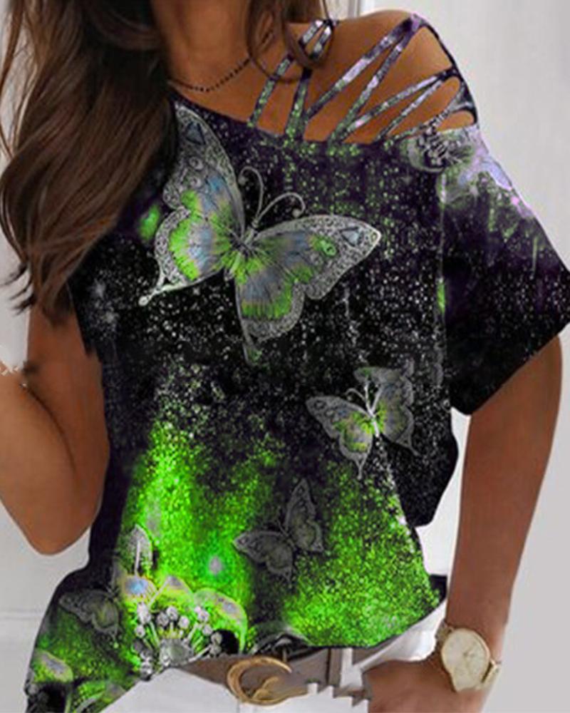 

Butterfly Print Short Sleeve Loose T-shirts, Green