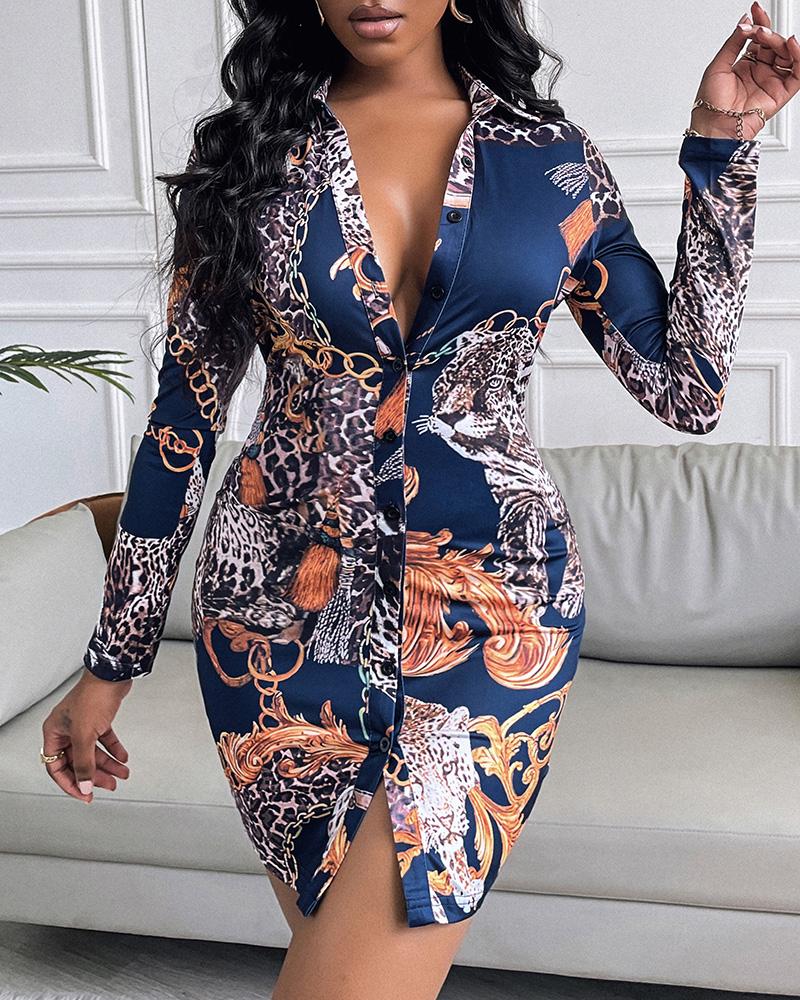 

Cheetah Baroque Print Button Up Shirt Dress, Multicolor