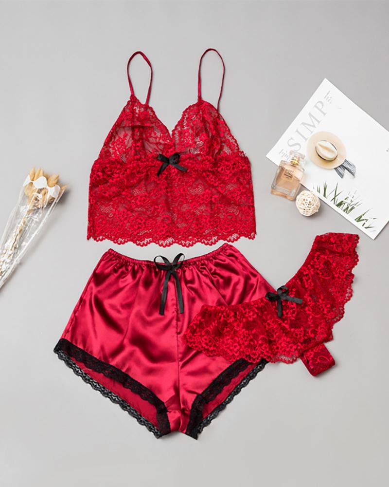 

Satin Crochet Lace Cami Set With Panty, Wine red
