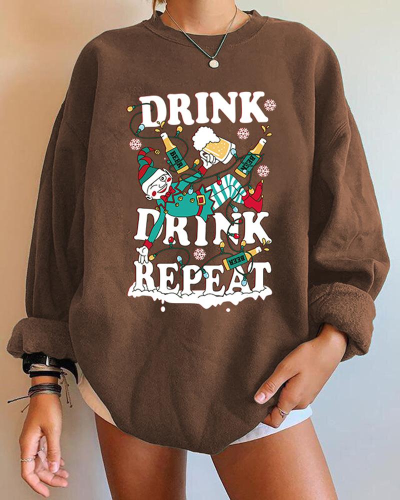 

Christmas Elf Letter Print Long Sleeve Sweatshirt, Coffee