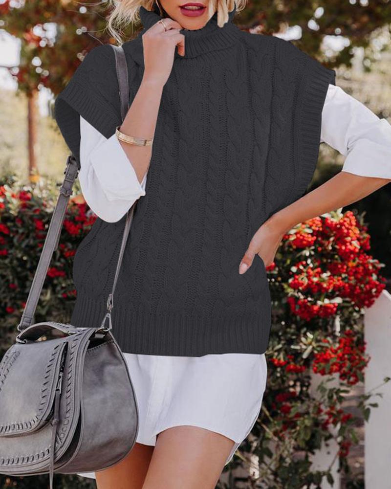 

Braided Knit Cap Sleeve High Neck Sweater, Black