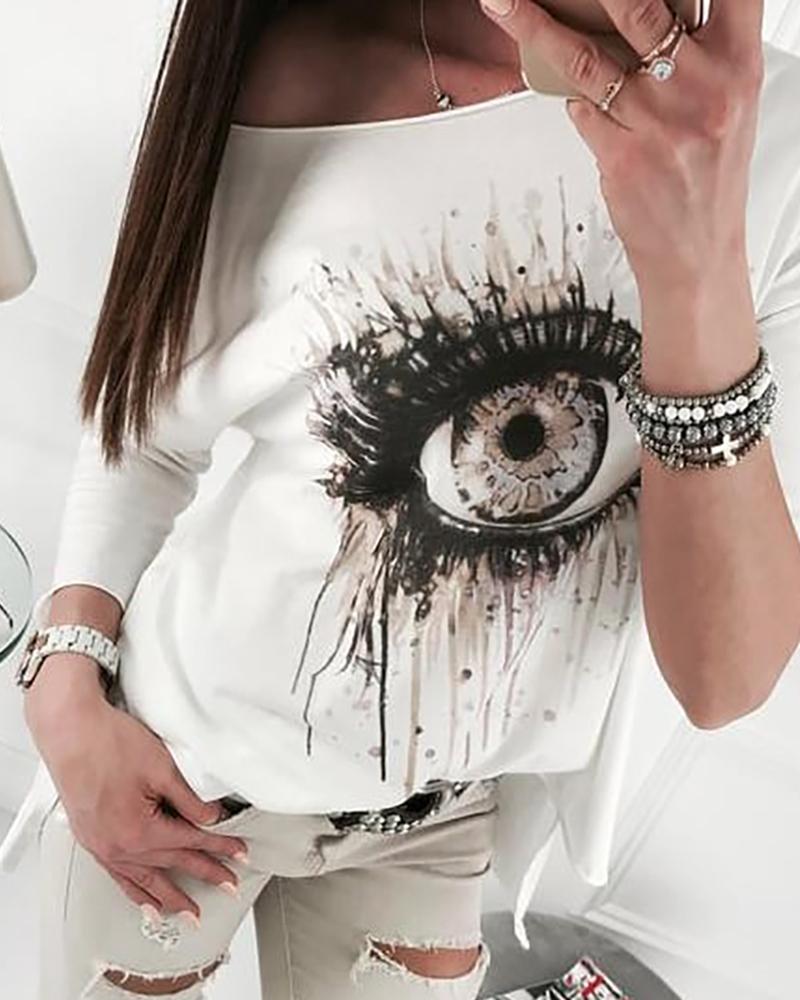 

Long Sleeve Eye Pattern Casual Top, White