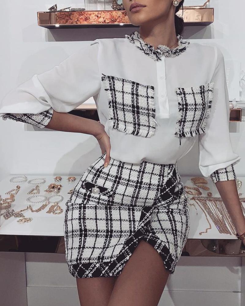 

Plaid Pattern Tweed Patch Top & Slit Skirt Set, White