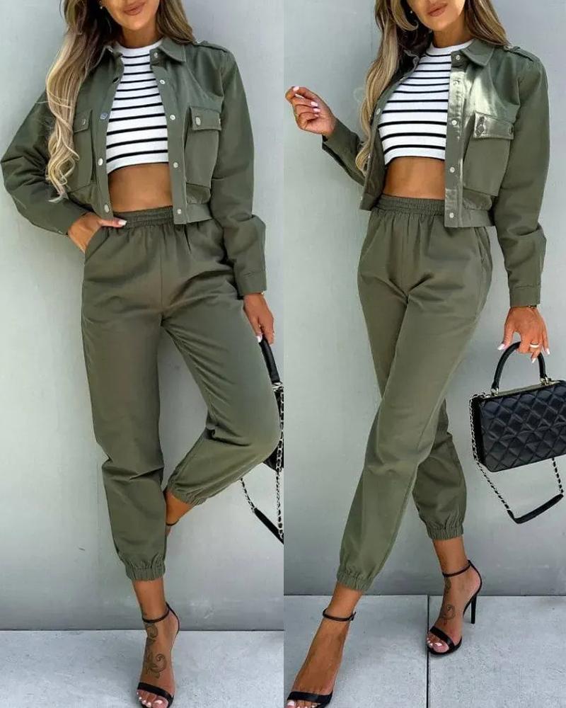 

Long Sleeve Coat & Cuffed Pants Set, Army green