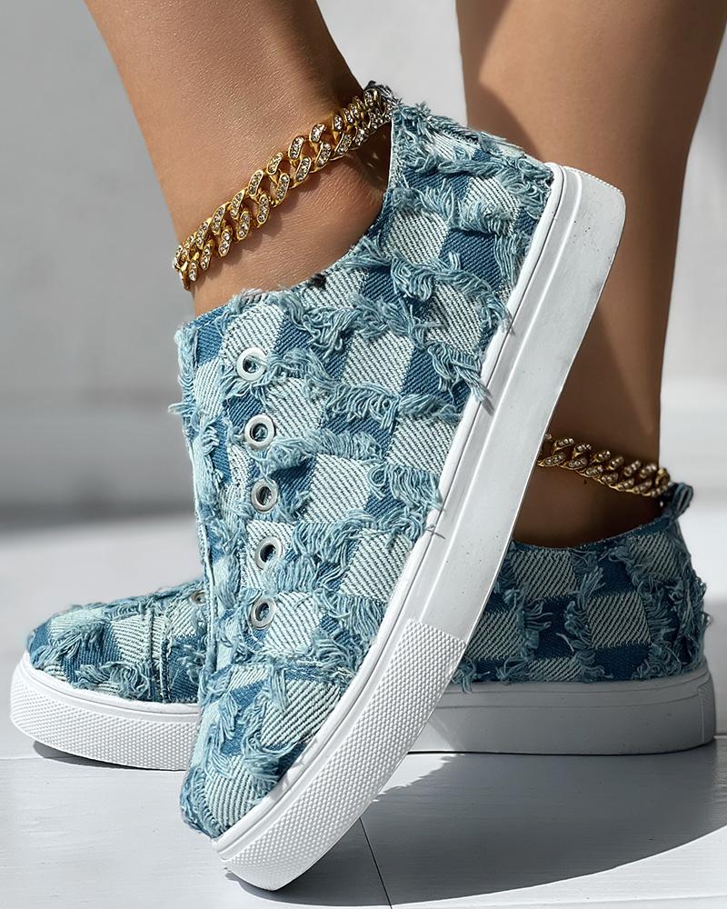 

Denim Look Print Fringe Hem Slip-On Sneakers, Blue