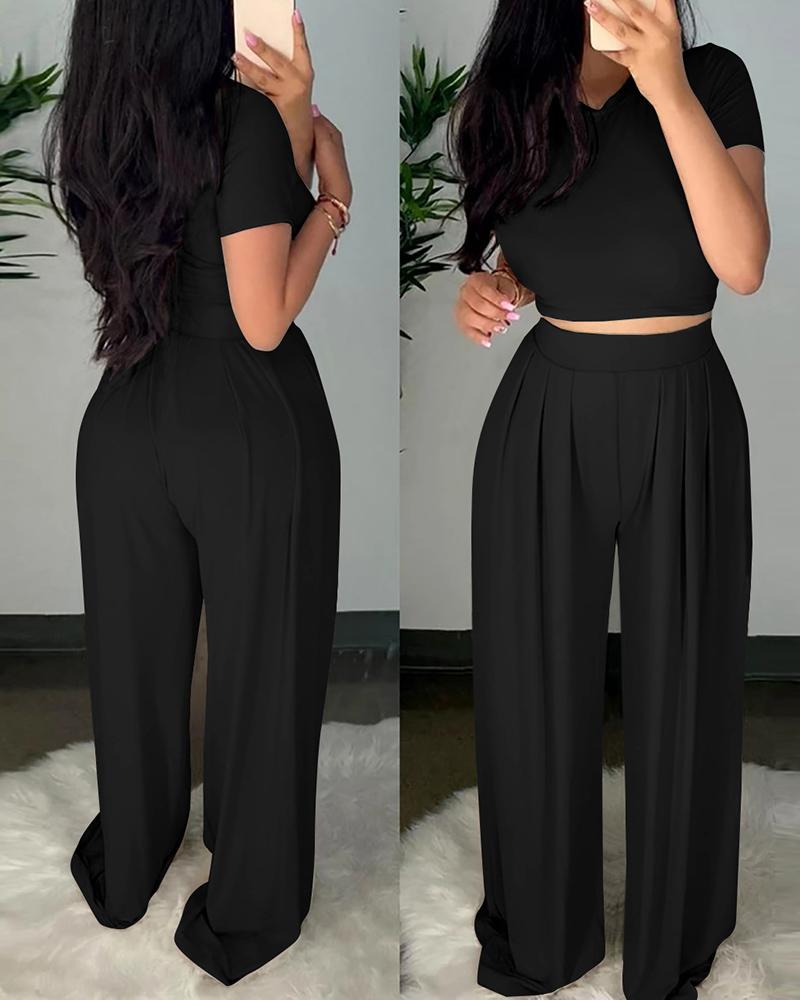 

Short Sleeve Casual Top & Ruched Palazzo Pants Set, Black