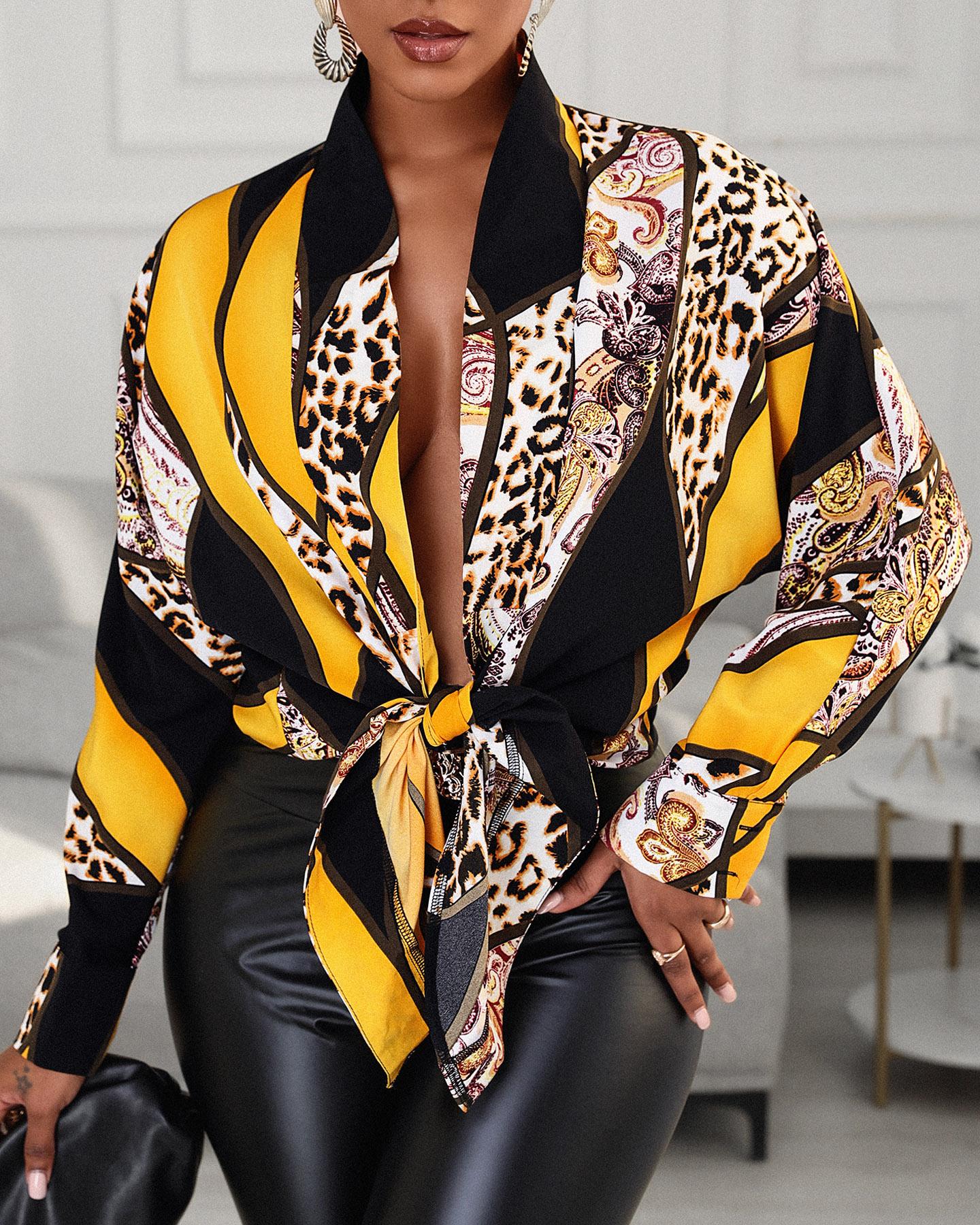 

Leopard Print Colorblock Tie Front Top, Multicolor