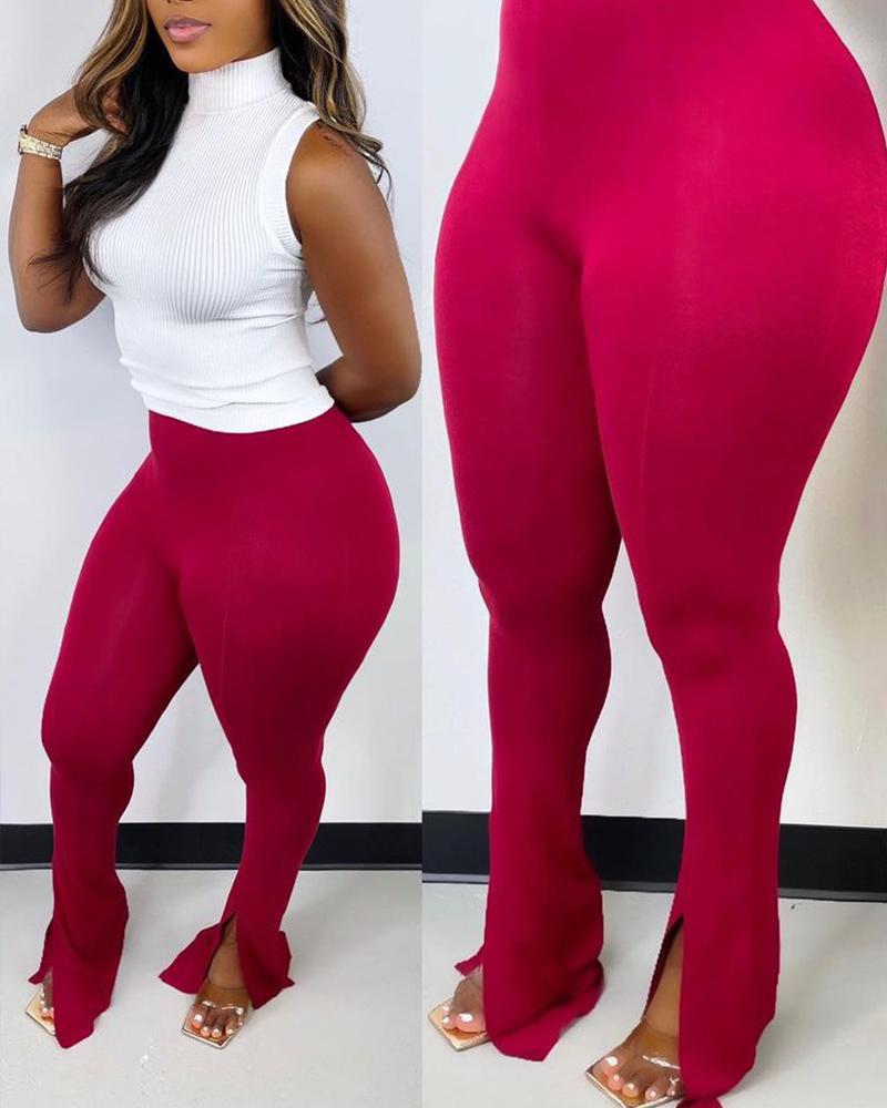 

High Waist Split Hem Skinny Pants, Hot pink