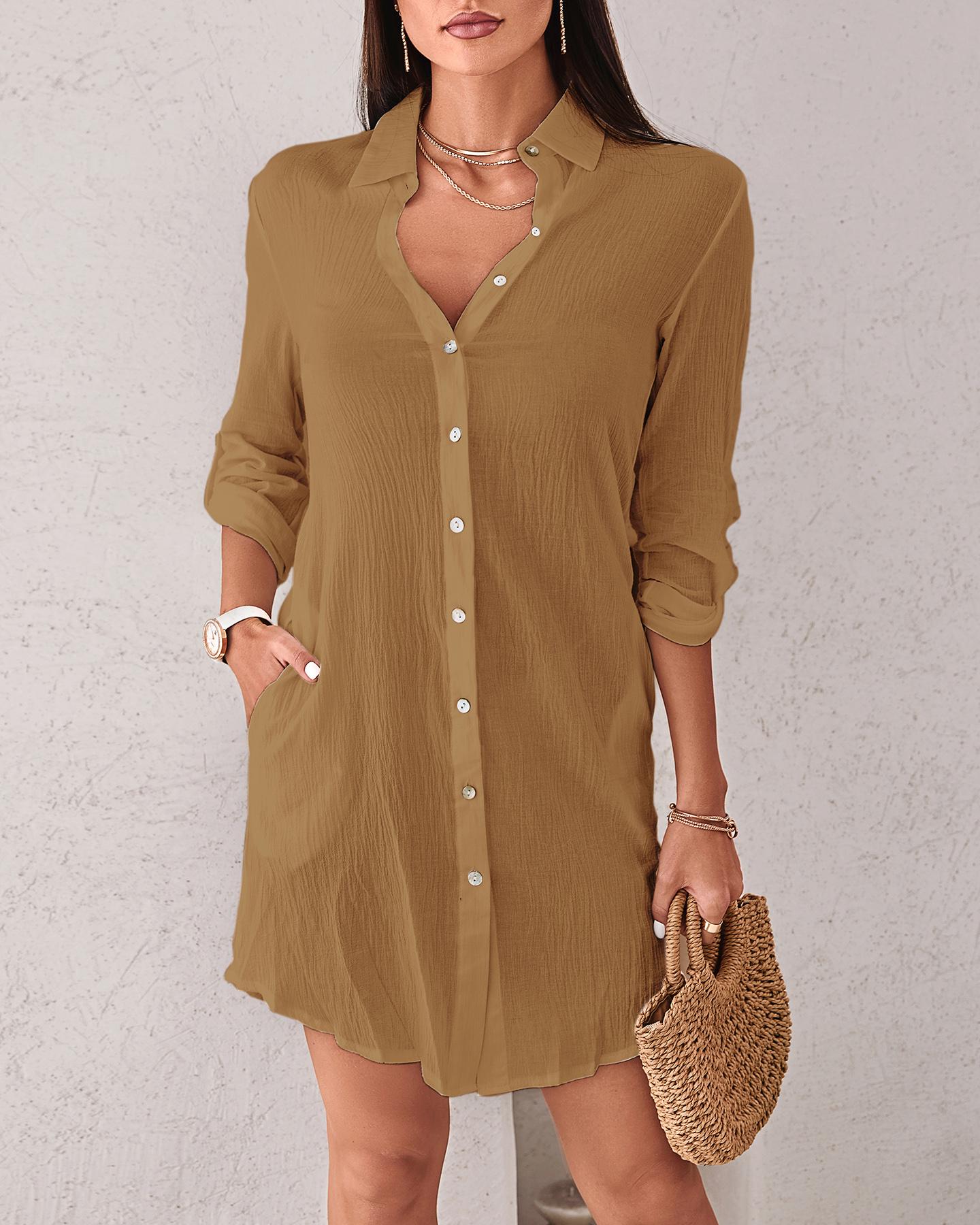 

Button Front Long Sleeve Casual Shirt Dress, Khaki