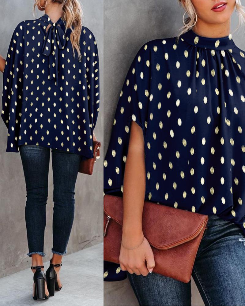 

Polka Dot Stand Collar Batwing Sleeve Blouse Casual Back Tied Detail Top, Purplish blue