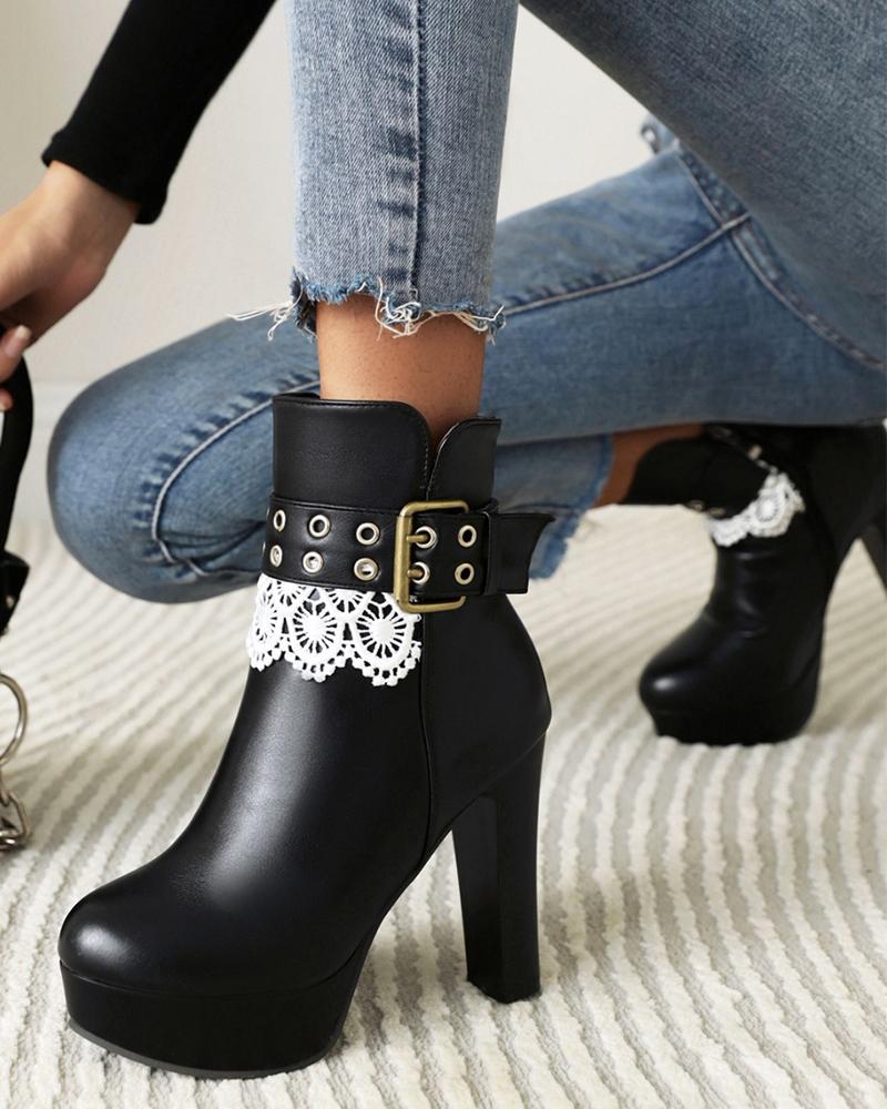 

Womens Wax Finish Buckle Round Toe Lace Patchwork High Heels Boots, Black