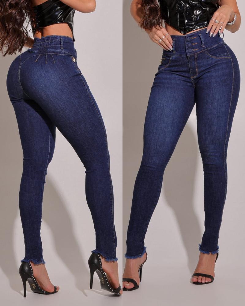

Pantalones vaqueros ajustados elásticos de cintura alta, leggings informales con realce de glúteos y dobladillo sin rematar, Blue