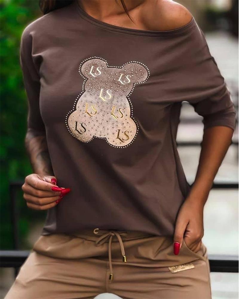 

Rhinestone Cartoon Bear Letter Print Long Sleeve Top, Brown