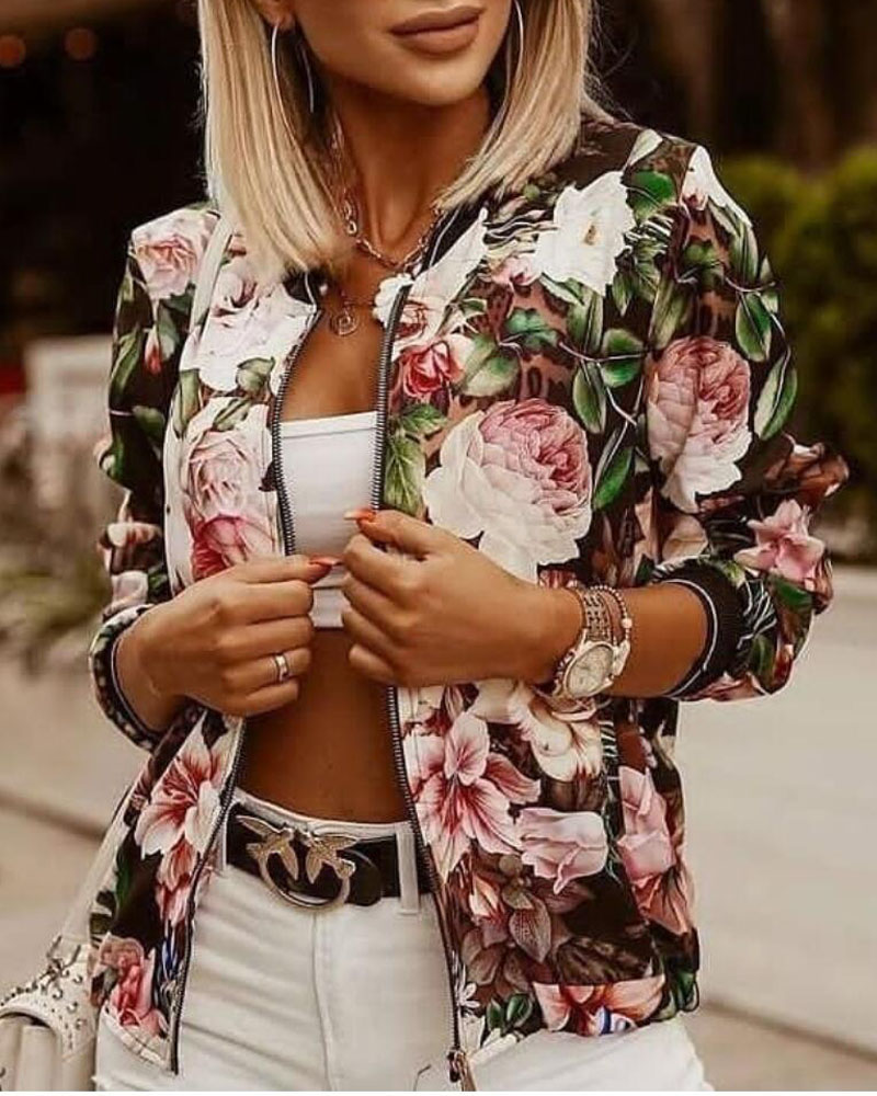 

Floral Print Long Sleeve Zipper Up Jacket, Style1
