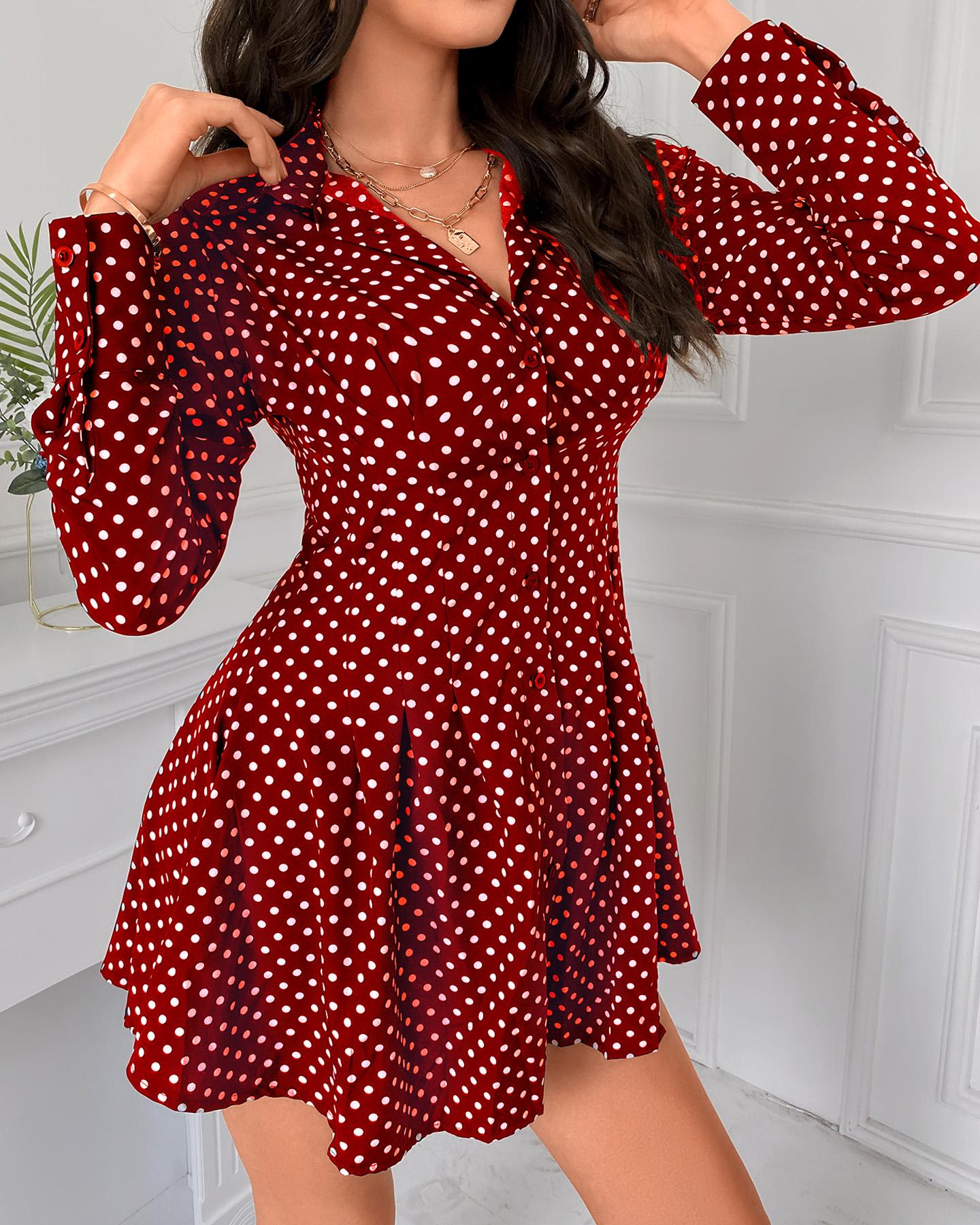 

Dot Print Pleated Skater Dress, Red