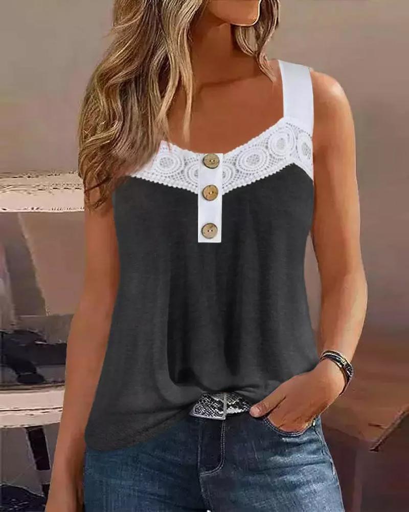 Camiseta sin mangas con botones y parche de encaje