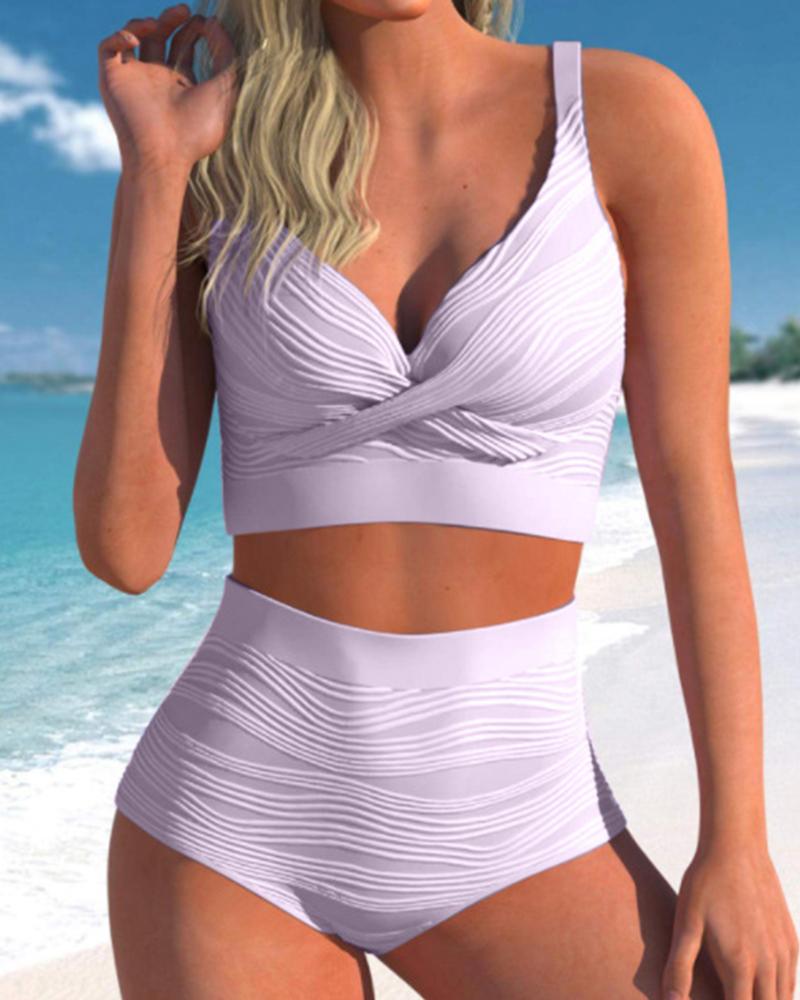 

Cross Front Ruched V-Neck Bikini Set, Light purple