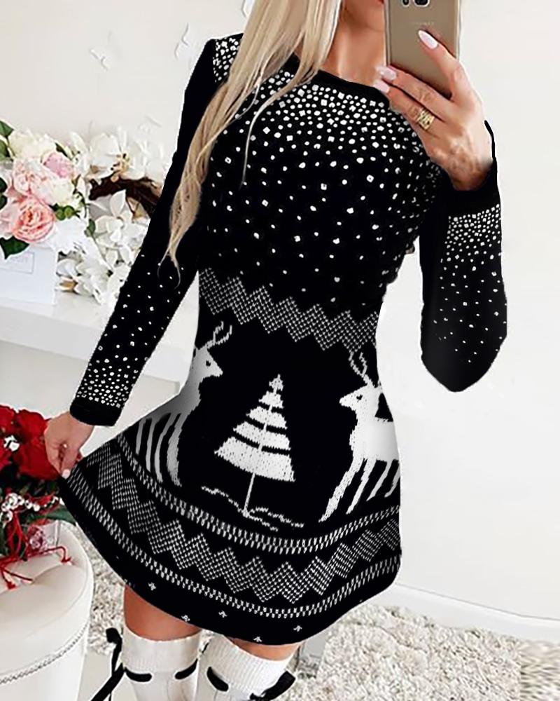 Christmas Reinddeer Tree Print Long Sleeve Dress