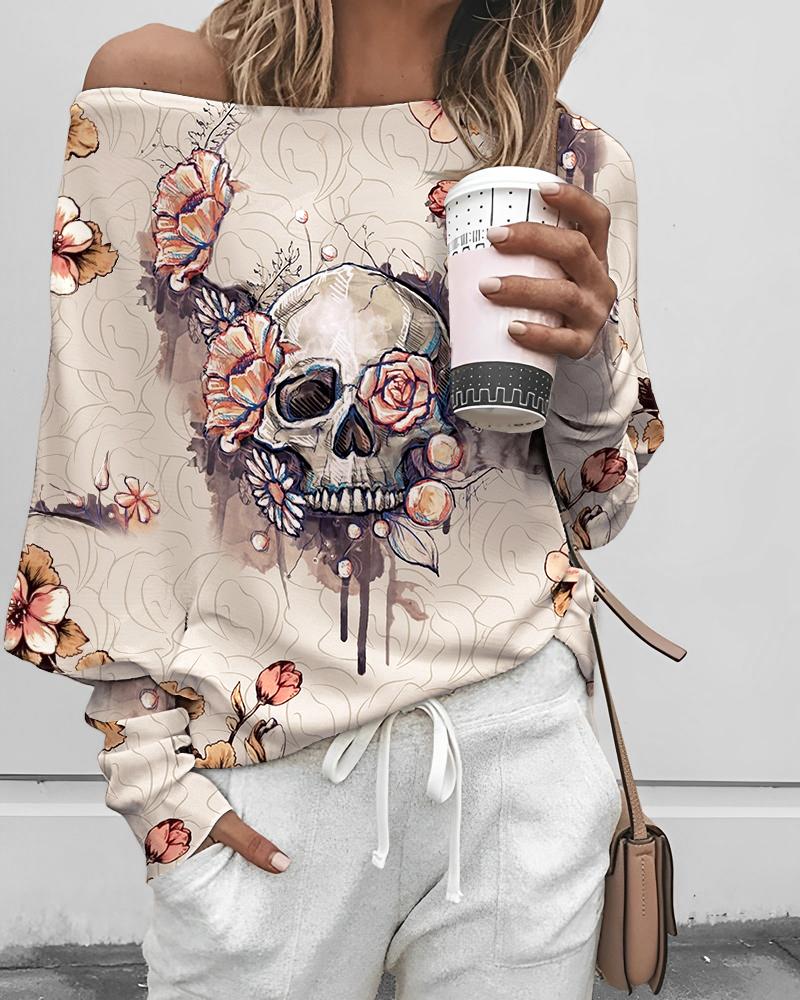 

Halloween Skull Floral Print Skew Neck Sweatshirt, Multicolor