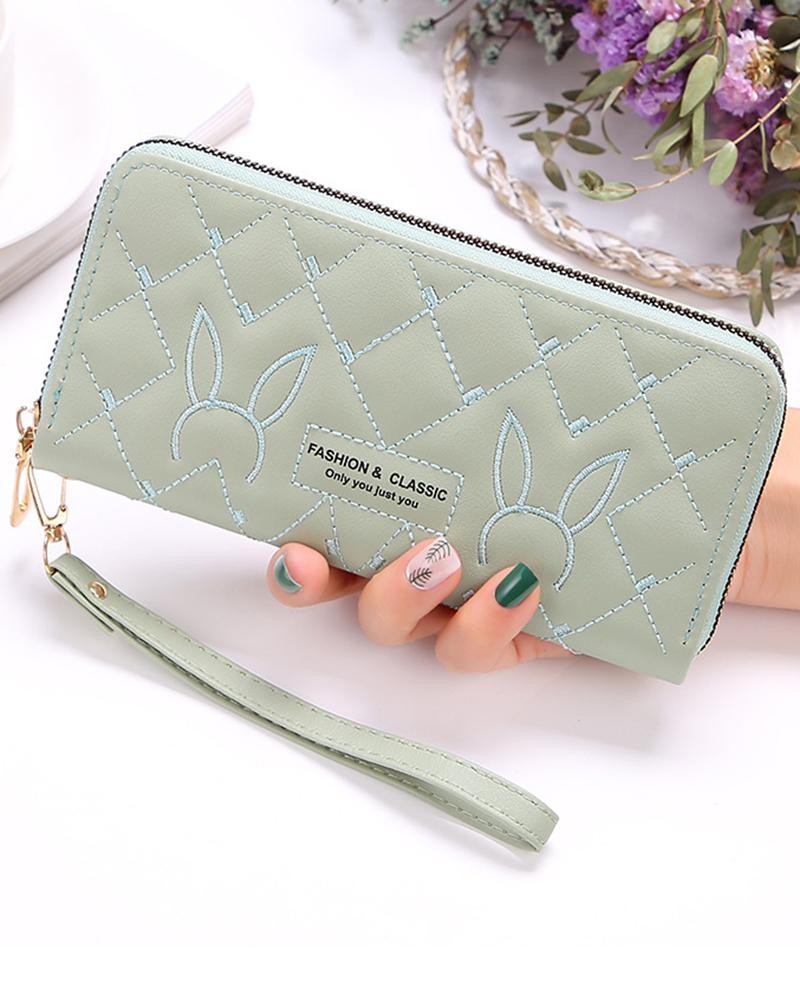 

Rabbit Pattern Quilted Zipper Purse, Green
