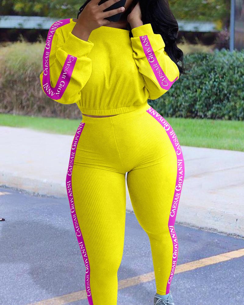 

Letter Print Ribbed Crop Top & Skinny Pants Set, Yellow