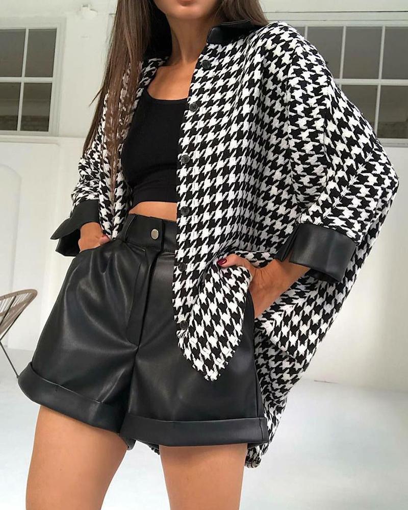 

Houndstooth Print Button Design PU Leather Patch Shacket, Black