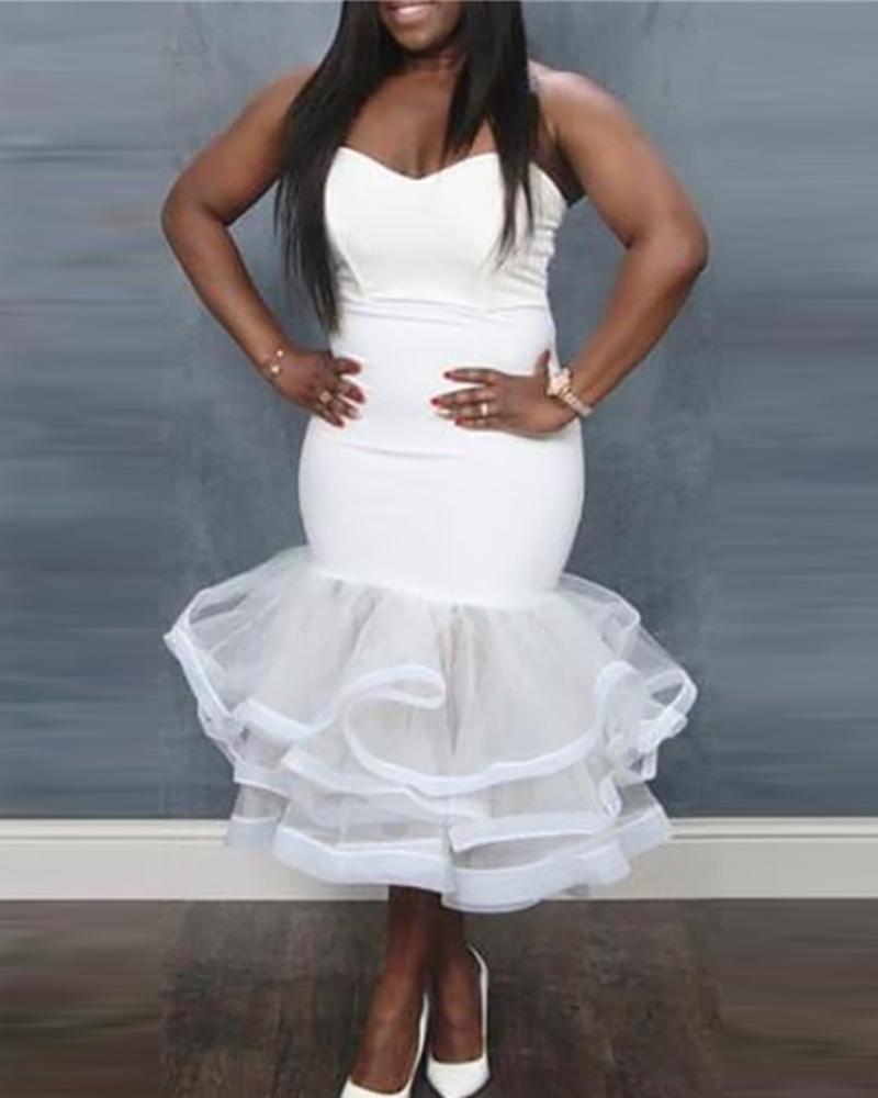 

Bandeau Layered Mesh Ruffles Party Dress, White