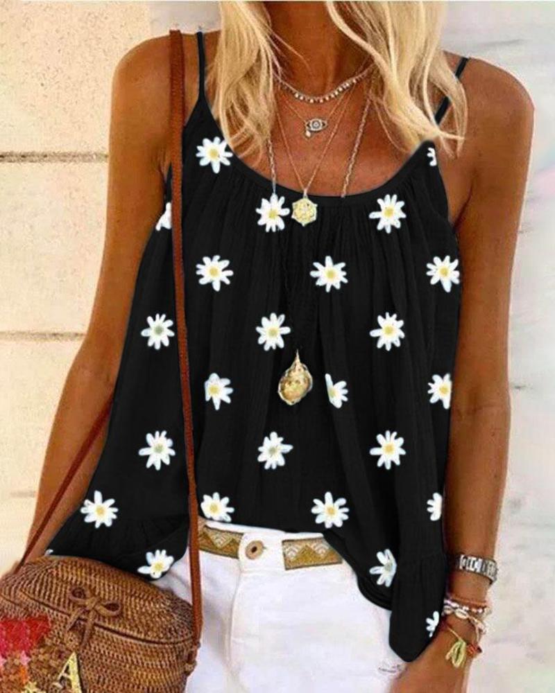 

Daisy Print U-neck Casual Tank Women Top, Black