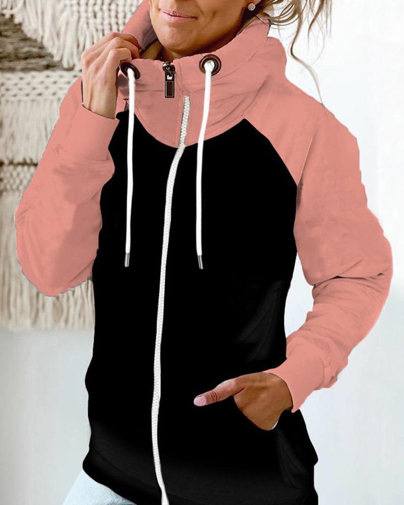 

Colorblock Zipper Pocket Design Lined Coat, Pink