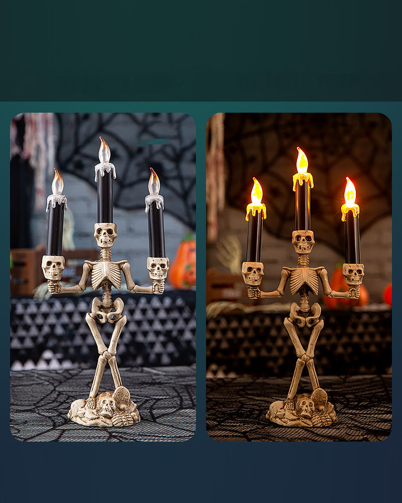 

Triple LED Halloween Candles Flameless and Skeleton Candle Holder Stand for Skull Halloween Decoration and Haunted House Decor, Silver