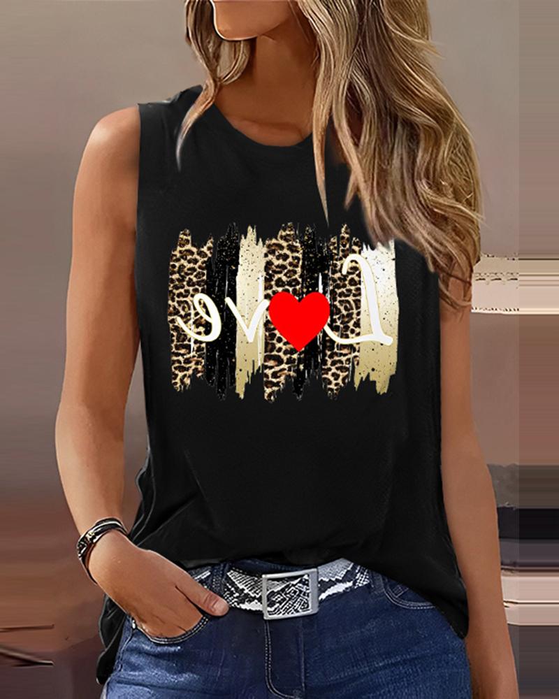 

Leopard Love Heart Print Casual Tank Top, Black