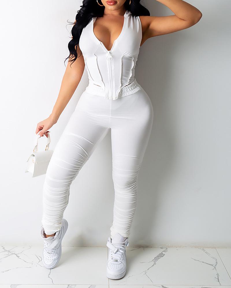 

Zipper Front Lace-up Hooded Top & Ruched Pants Set, White